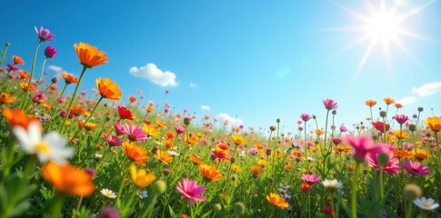 Obraz premium Sun-drenched wildflowers bloom vibrantly under a flawless blue sky , botany, meadow