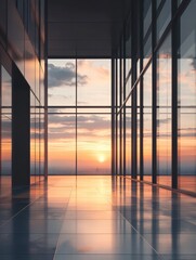 Fototapeta premium Skyline's Embrace: Captured from inside a modern building with large glass windows the image depicts the stunning sunset paints the sky, a serene moment