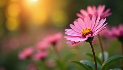 Obraz premium Blushing pink asters in autumnal New York setting, shallow depth of field , pretty, wallpaper, image