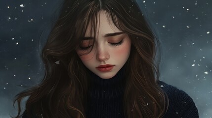 Beautiful young woman model with long black hair, snowy background.
