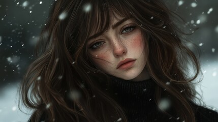 Beautiful young woman model with long black hair, snowy background.
