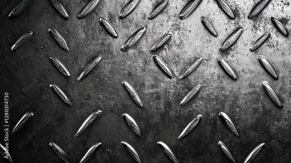 Aufkleber close-up of dark gray metallic surface with diamond plate pattern, showing texture and wear.