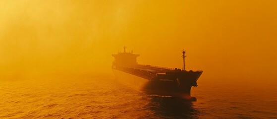 Obraz premium cargo ship is seen in the distance on open sea at yellow sunset