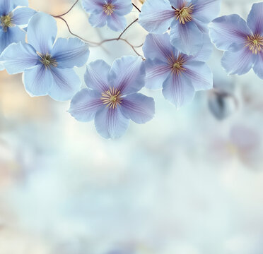 Dreamy floral border with blue hanging Clematis flowers at bokeh background
