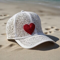 A trendy beach summer cap with a heart-shaped cutout, casting a delicate shadow on a pure white background.