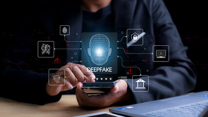 Deepfake concept ,Facial tracking, detection and recognition technology, Security system. Cyber...