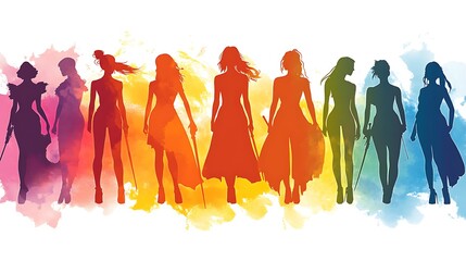 Ten Powerful Women Silhouettes in Vibrant Rainbow Watercolor