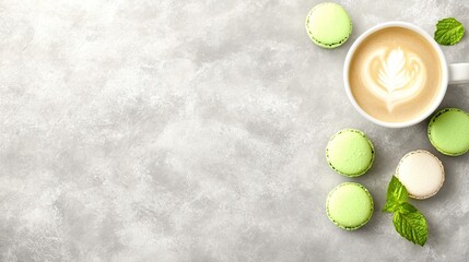 Latte art, macarons, mint, grey background, caf? menu