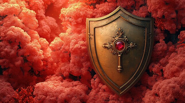 Ornate shield amidst vibrant coral, fantasy setting; security concept, game art