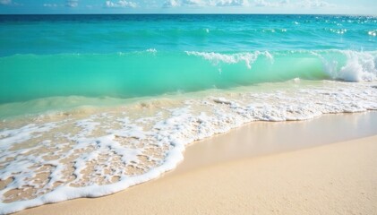 Obraz premium Sun-kissed sand meets gentle turquoise waves, pristine beach , texture, azure, sand dune