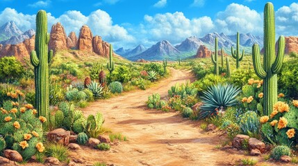 Fototapeta premium Serene desert landscape illustration with blooming cacti and distant mountains under a vibrant blue sky ideal for tranquil backgrounds