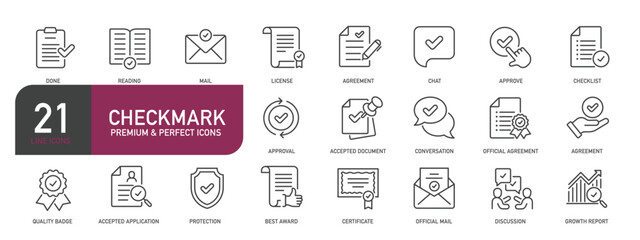 Set of line icons related to checkmark, approve, checklist, agreement. Outline icons collection. Editable stroke. Vector illustration