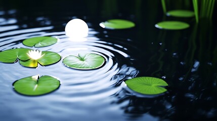 A serene water garden scene featuring a reflecting moon, perfect for tranquility-themed visuals.