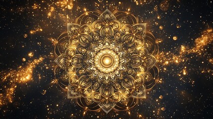 Golden Mandala in a Cosmic Galaxy: A Celestial Tapestry of Light and Intricate Design