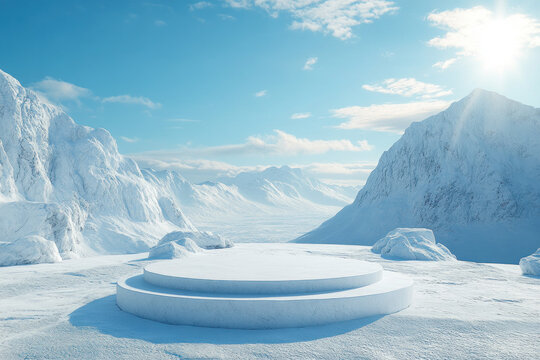 Large white circular structure in snowy landscape.