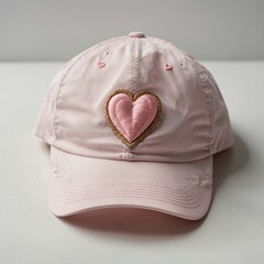 A minimalist flat-lay of a pastel pink summer cap with a small embroidered heart, photographed on a clean white background.