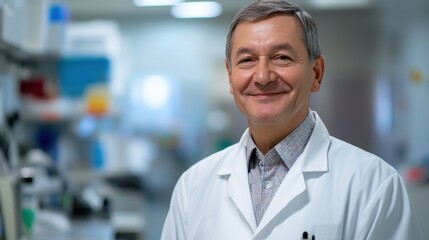 Fototapeta premium A friendly middle-aged male doctor wearing a lab coat smiles in a well-equipped laboratory. This image conveys professionalism and expertise in a medical setting.