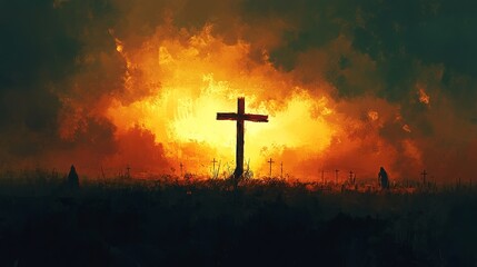 A profound Christian illustration portraying the crucifixion on Good Friday, featuring a poignant depiction of the cross as a symbol of hope and redemption. 