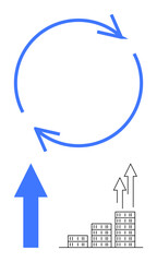 Circular arrows signify cycles, bold blue arrow pointing upward, and buildings with upward arrows represent growth, innovation, and success. Ideal for business strategy, sustainability, data trends