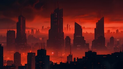 Fototapeta premium Buildings in dark, dystopian city in a 16:9 cinematic widescreen format. The skyline is dominated by towering megastructures, with smog covering the lower streets. Red and orange lights glow in