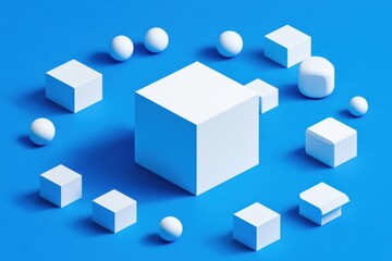 Obraz premium White geometric shapes arranged in a circle on a blue background.