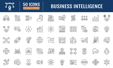 Business intelligence line editable icon set. Containing
technology, enterprise, data analysis, management,
reporting, mining and more. Vector Illustration