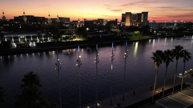 Curtis Hixon Park At Tampa Florida United States. Beautifully Designed Park Adorned With Lush Greenery. Sunset Sky Downtown Cityscape. Sunset Outside Panoramic. Tampa Florida.
