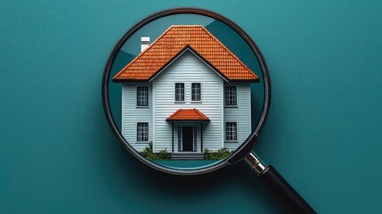 Home inspection Magnifying glass on house model against teal background.  Real estate, home buying, property search concept