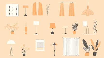 Interior design elements lamps, plants, curtains