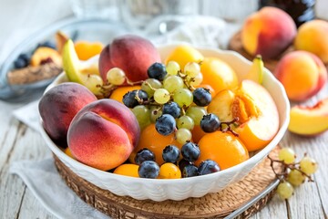 Assorted summer stone fruits in a big bowl including peaches, apricots, gooseberry