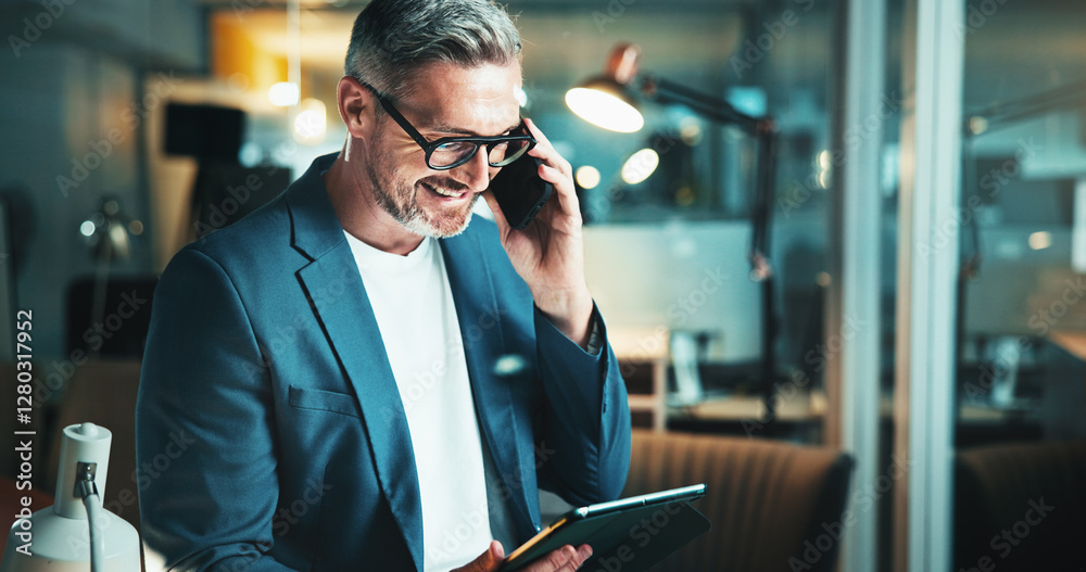 Aufkleber Night, phone call and man in office on tablet for feedback, overtime work or project report. Web design, email update or mature programmer with cloud computing, b2b networking or online communication