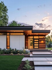 Modern Architectural Gem: Captivating exterior view of a sleek modern house with a contemporary design, showcasing clean lines, expansive glass windows, and a harmonious blend of natural elements.