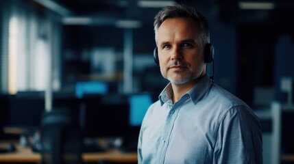 Fototapeta premium A focused male IT specialist in his 40s stands confidently in a modern office, wearing a headset and ready to assist with technology-related issues.