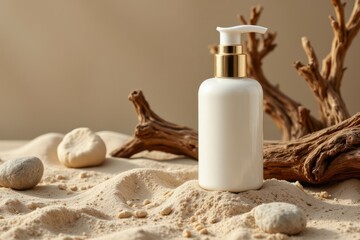 A white lotion dispenser bottle sits on a sandy surface