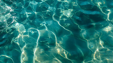 A top view of clear turquoise water with ripples and light reflections, creating an abstract background with a sense of depth. Abstract background.