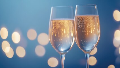 Close-up of Two Elegant Champagne Glasses with Bubbles and Soft Bokeh Background Perfect for Celebrations and Special Events