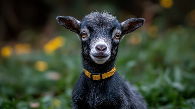 Kid goat portrait, farm, spring, yellow collar, blurred flowers, nature