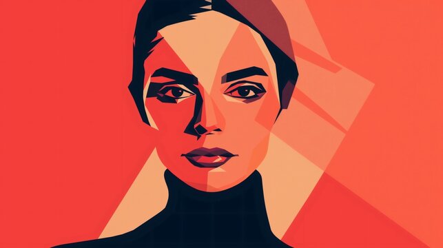 A powerful and impactful portrait showcases a woman with a determined gaze, set against bold geometric shapes in a minimalist style, celebrating women's rights and empowerment
