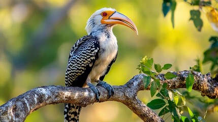 Obraz premium A Southern yellow-billed hornbill, scientifically known as Tockus leucomelas, perched on a tree branch. 