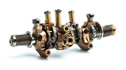 Close-up of intricate metallic mechanism with gears, screws, and springs on white background.