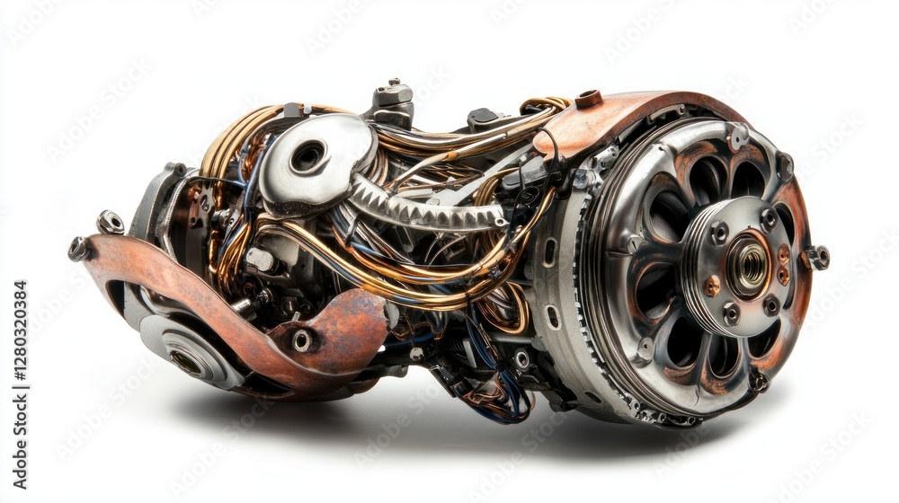 Poster close-up of intricate metallic robotic arm mechanism, showcasing gears, wires, and copper components