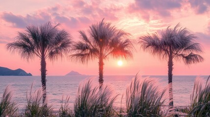 Golden Serenity: A Breathtaking Sunset Over a Peaceful Palm-Lined Oasis
