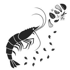 Fototapeta premium Black and White Shrimp Vector Illustration with Herbs and Spices - Seafood Graphic for Culinary Design and Restaurant Menus