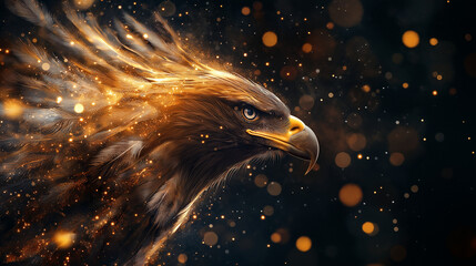 Majestic Eagle Portrait: A powerful and regal golden eagle, depicted in a captivating illustration. The bird of prey, with its intense gaze, is accentuated with dynamic lighting.