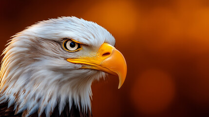 Obraz premium Majestic Bald Eagle Portrait: A stunning, close-up portrait of a bald eagle, showcasing the bird's intense gaze and striking features. The eagle is set against a blurred, warm background.