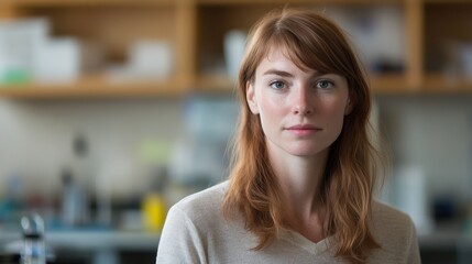 A portrait of a dedicated European female scientist in a laboratory. She embodies professionalism and focus, representing innovation and dedication in scientific research.