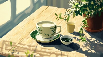 Fototapeta premium Sunny cafe teacup serenity, floral background, peaceful morning