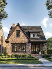 Architectural Harmony: A classic brick home with dark roof and sleek windows nestles amidst a bright day under blue sky, evoking a sense of serenity and timeless charm.