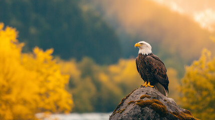 Fototapeta premium Majestic Eagle in Wilderness: A bald eagle with its iconic white head and piercing gaze perches regally on a moss-covered rock, surveying its domain in a sun-kissed, autumn-hued wilderness.