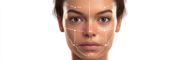 Detailed medical illustration showing precise Botox injection points on a female face with anatomical markers highlighted. Generative AI
